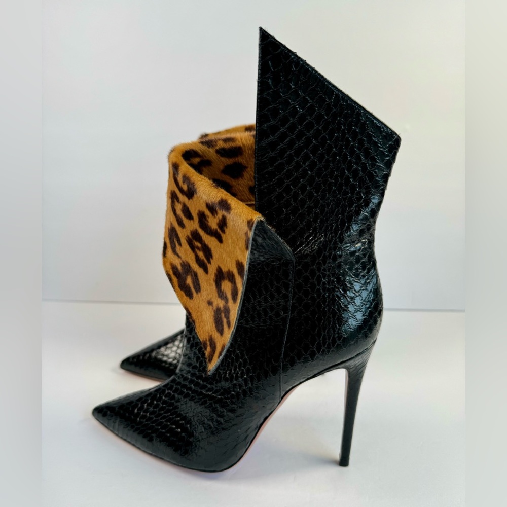 Aquazzura Black Snakeskin Pointed Toe Bootie with Leopard Print Cuff - Picture 4 of 12